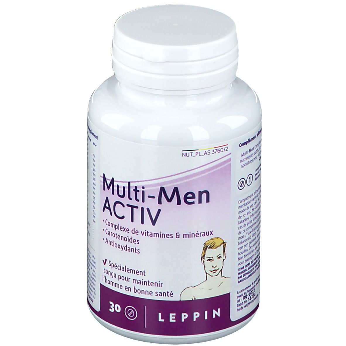 Witte tablettenfles met schroefdop. Opschrift Multi-Men ACTIV. Bevat 30 tabletten. Afbeelding van een man.