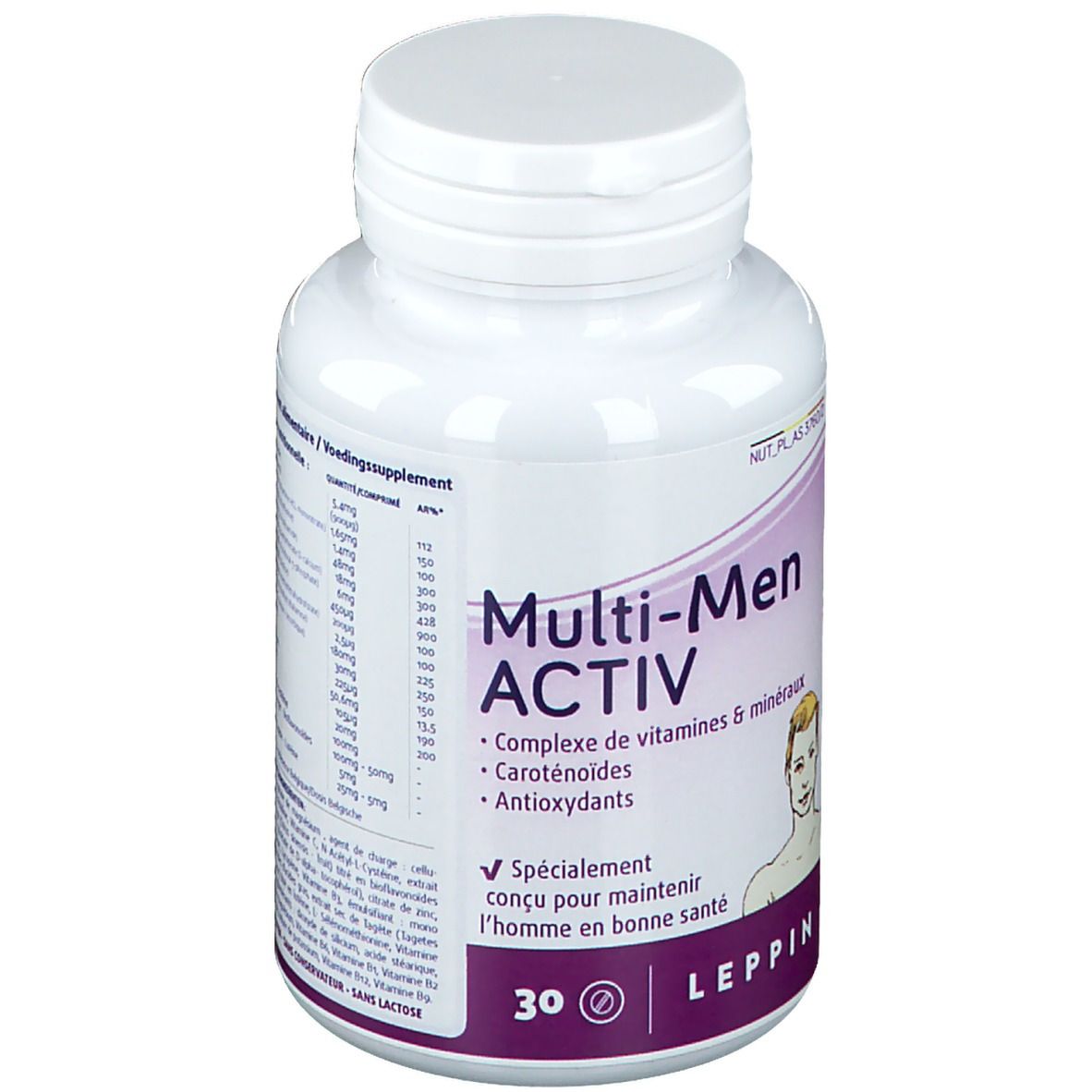 Witte tablettenfles met schroefdop. Opschrift Multi-Men ACTIV. Bevat 30 tabletten. Afbeelding van een man.