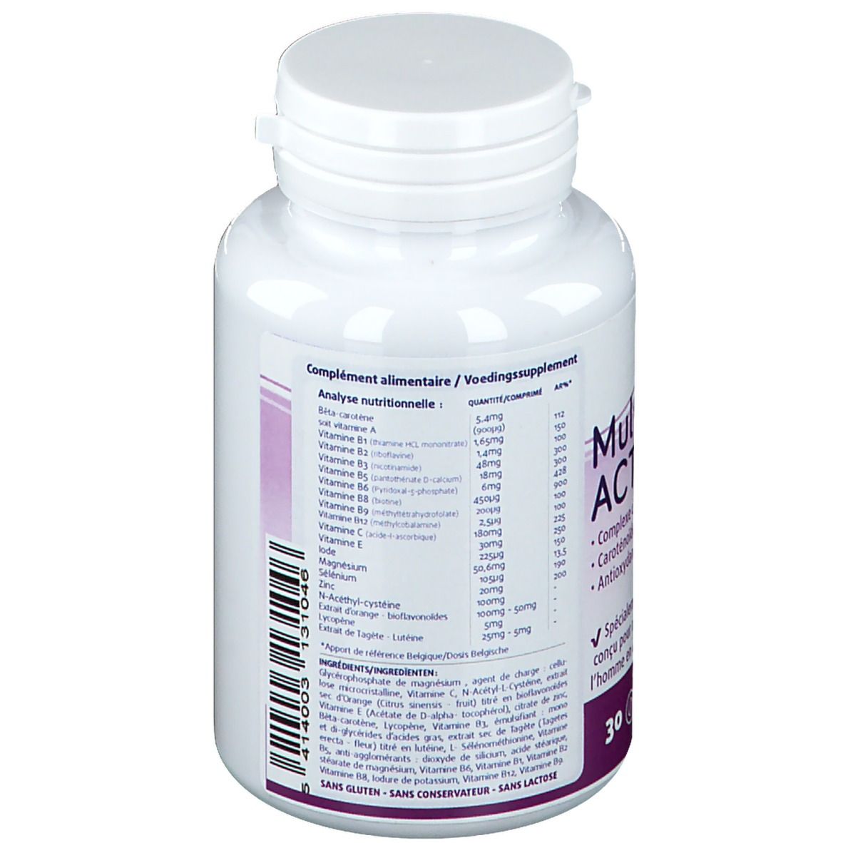 Witte tablettenfles met schroefdop. Opschrift Multi-Men ACTIV. Bevat 30 tabletten. Voedingstabel.
