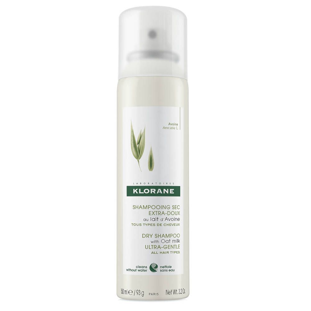Flacon spray blanc. Inscription: KLORANE, Shampooing sec au lait d'avoine. Illustration d'avoine.