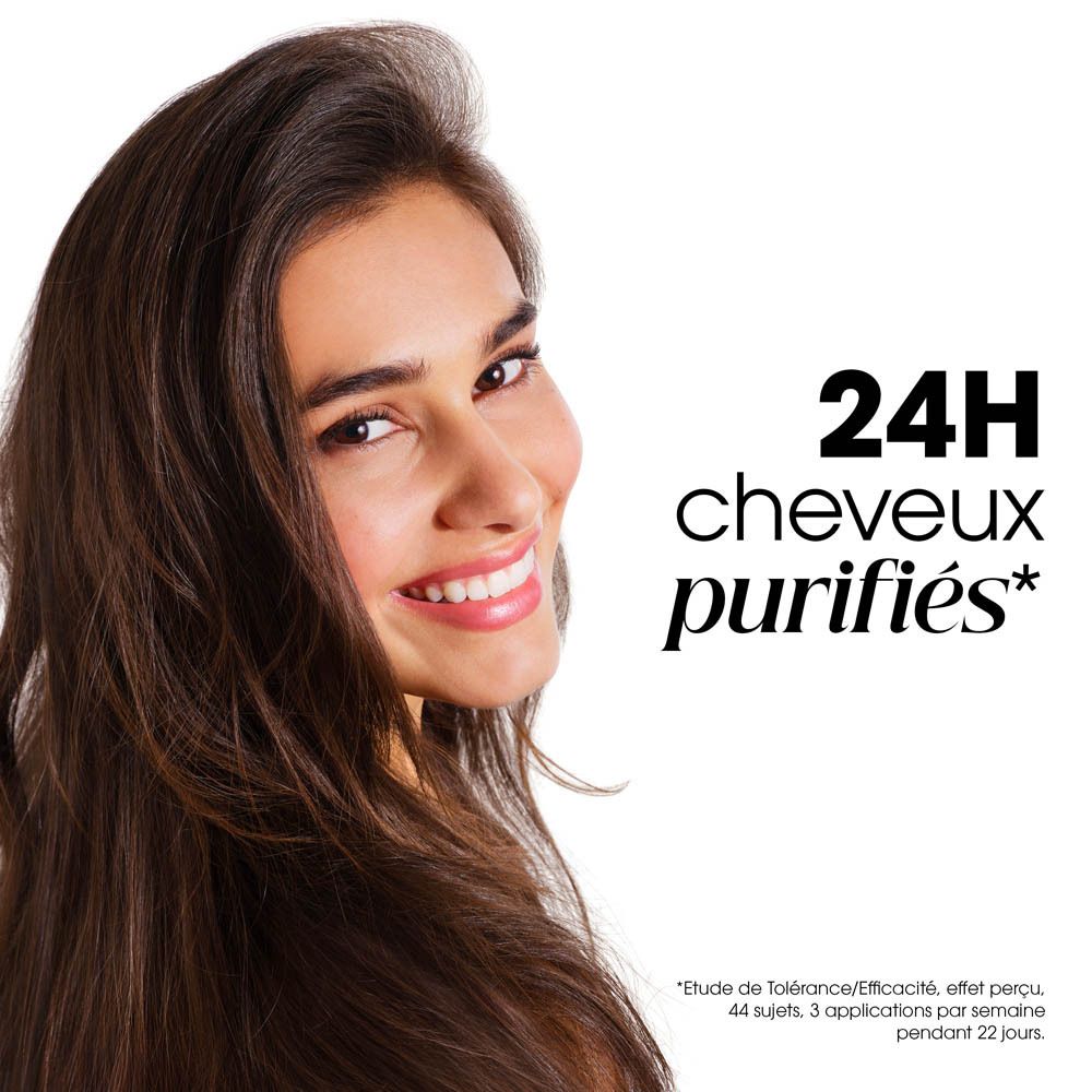 Graphique avec icônes et texte. 24H cheveux purifiés, -85% sébum, 99% d'origine naturelle.