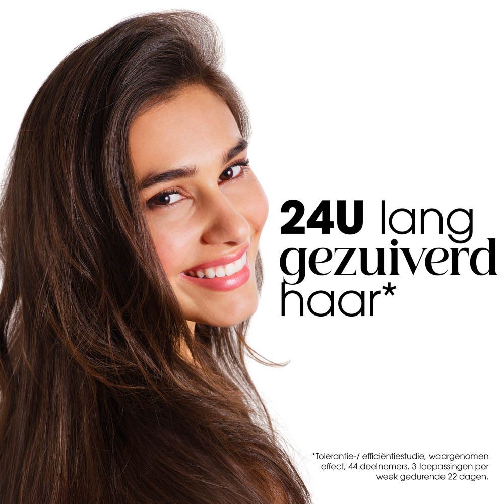 Grafiek met iconen en tekst. 24U lang gezuiverd haar, -85% talg, 99% van natuurlijke oorsprong.