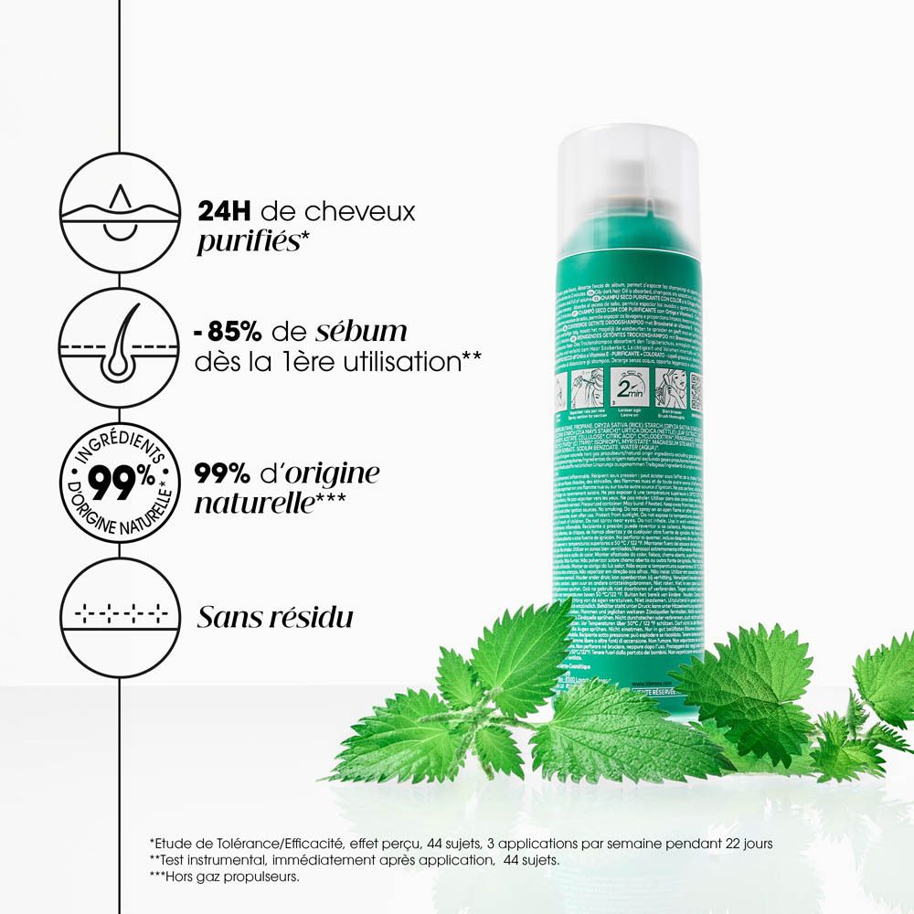 Grafiek met productvoordelen: 24U gezuiverd haar, -85% talg, 99% natuurlijke oorsprong, zonder residu.