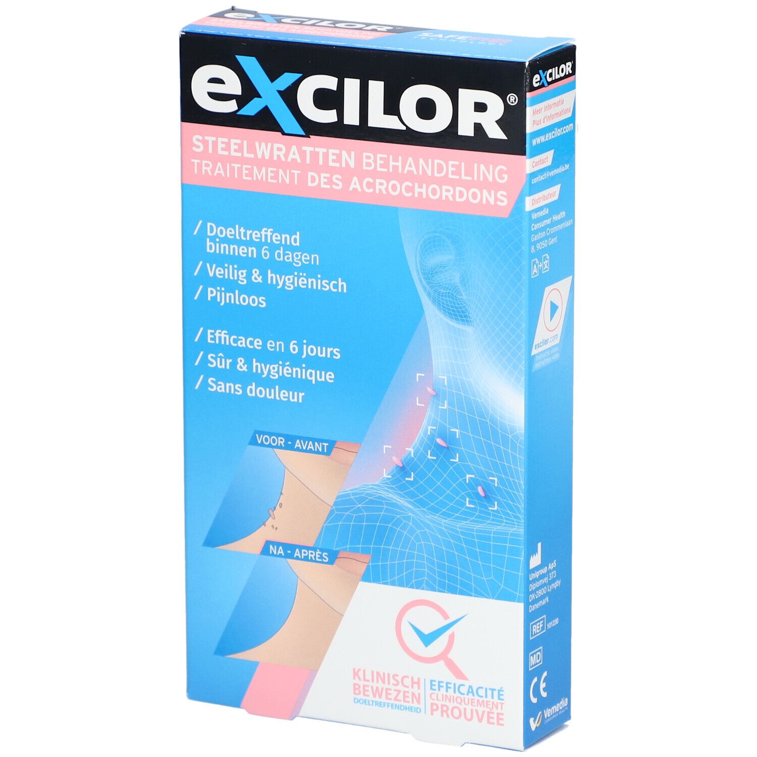 Boîte bleue et blanche excilor® pour le traitement des acrochordons. Texte : Efficace en 6 jours, sûr et hygiénique, sans douleur. Cliniquement prouvé.