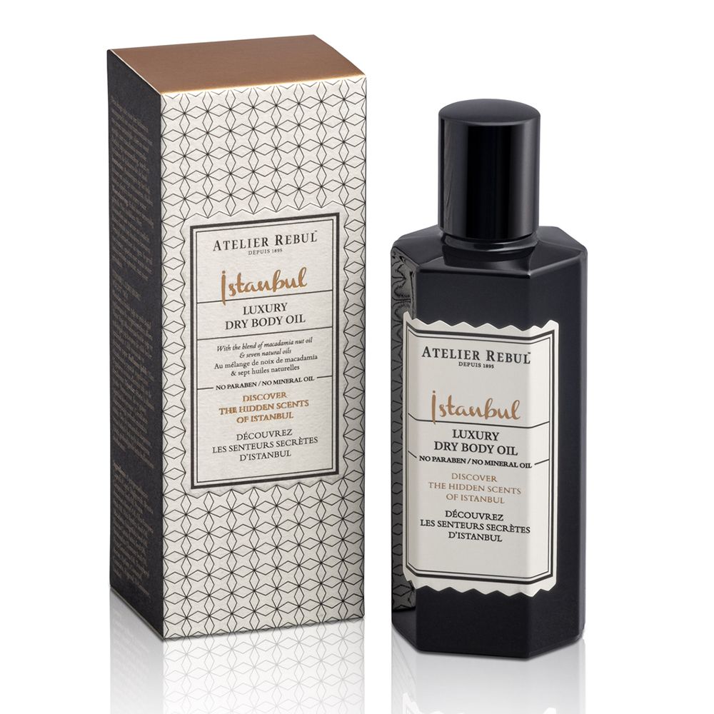 Zwarte fles met zwarte dop en doos. Opschrift: ATELIER REBUL Istanbul Luxury Dry Body Oil.