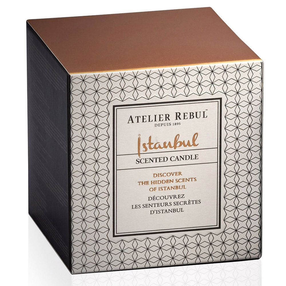 Boîte carrée. Motif noir et or. Couvercle doré. Étiquette: ATELIER REBUL, Istanbul, Scented Candle.