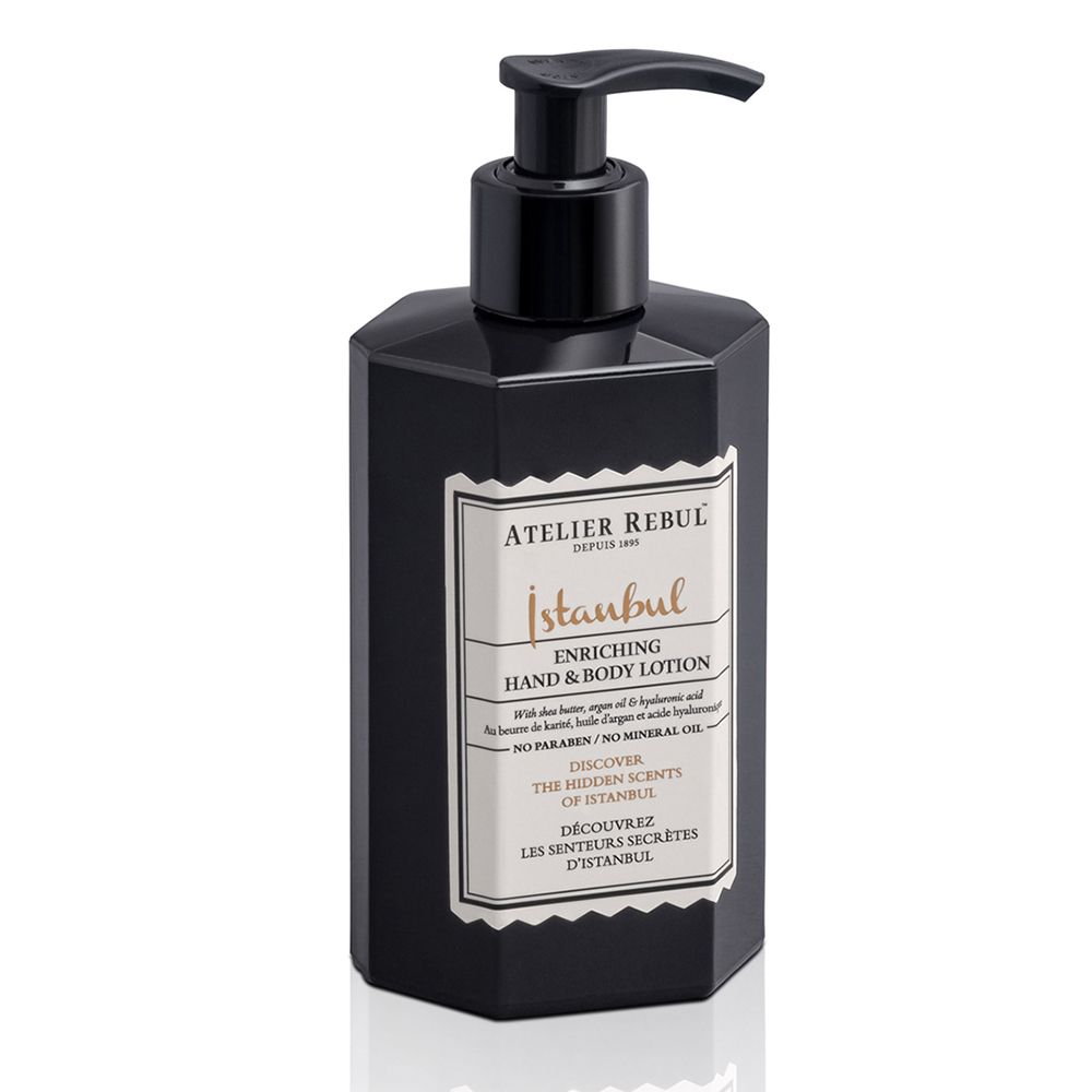 Zwarte hand- & bodylotion fles met pomp. Tekst: ATELIER REBUL Istanbul. Verrijkende lotion.