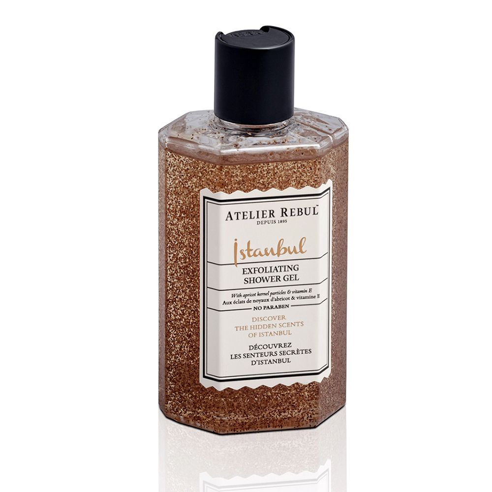 Exfoliërende douchegel. Zeshoekige fles met zwarte dop. Label met productnaam en merk.