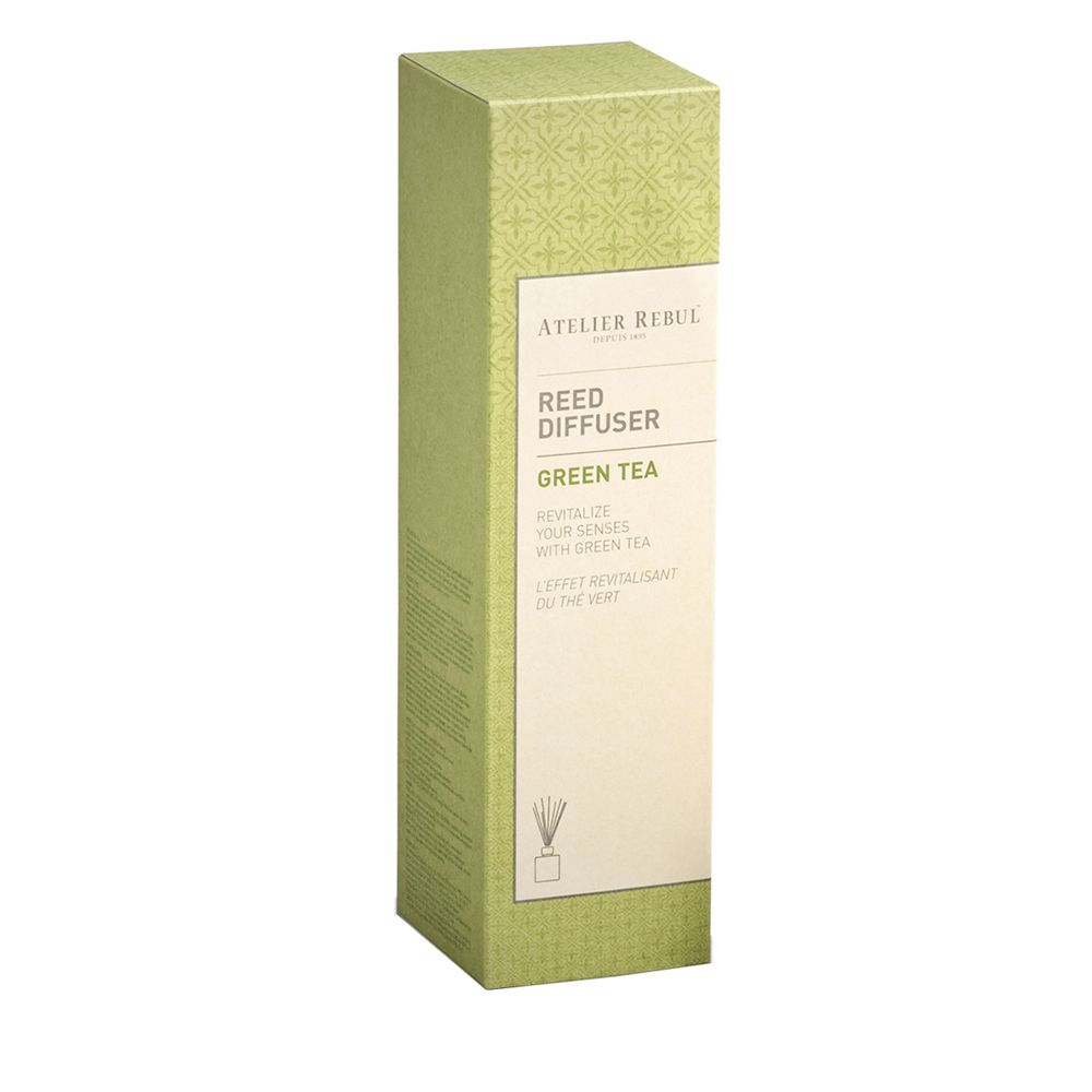 Grüne Verpackung für Schilfrohr-Diffusor Grüner Tee. Produktinformationen und Logo ATELIER REBUL.