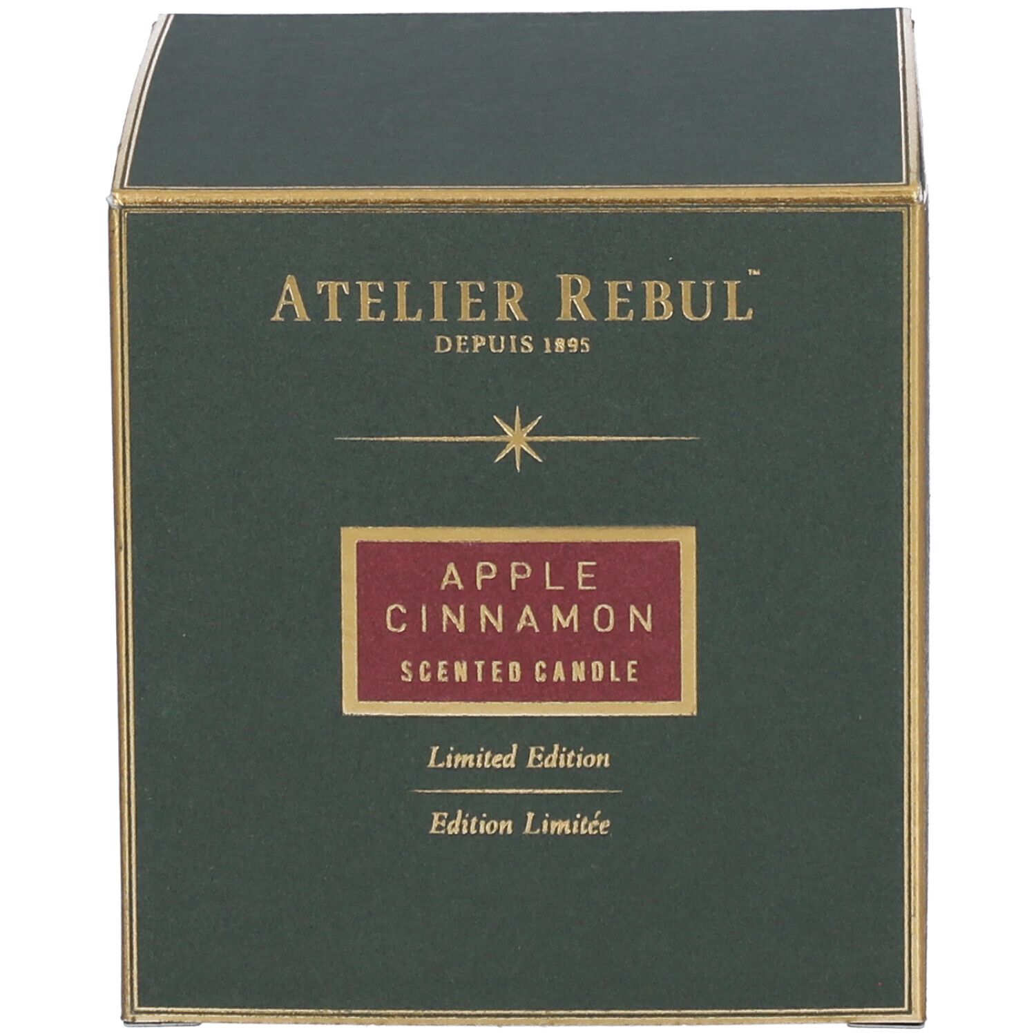 Groene doos met gouden accenten. Opschrift "ATELIER REBUL", "APPLE CINNAMON", "Limited Edition".
