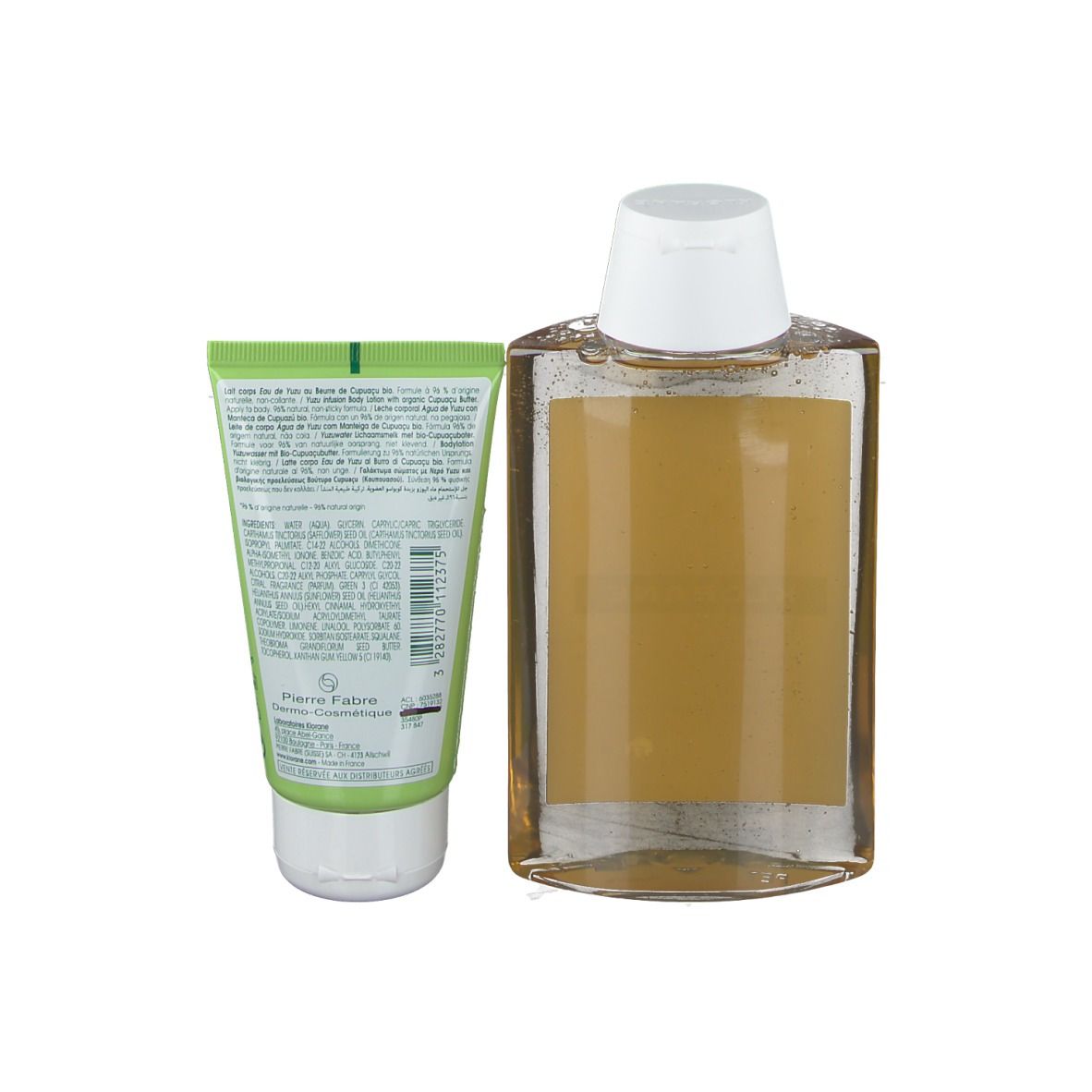 Dos de shampooing et lotion corporelle. Texte multilingue. Fabricant: Pierre Fabre.