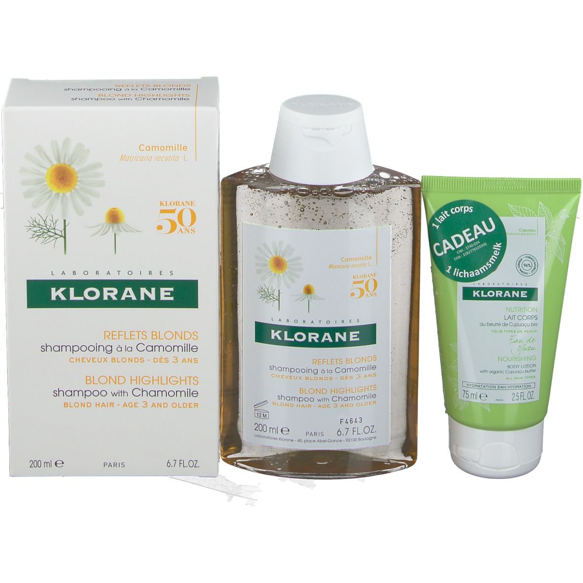 Shampooing KLORANE à la camomille, lotion corporelle et carton. Inscription: Blond Highlights, 50 ans.