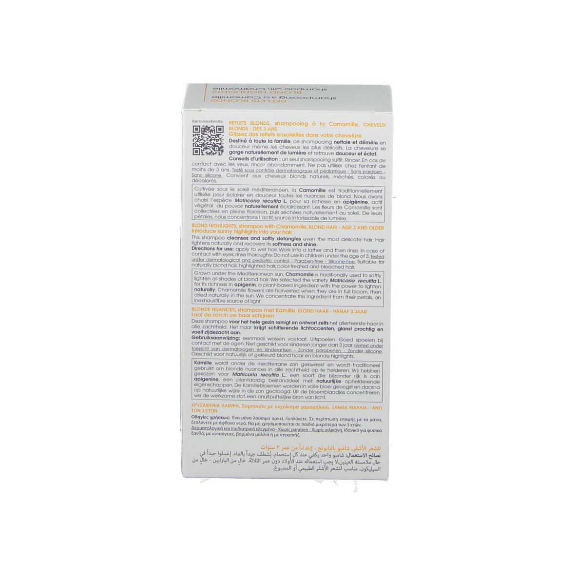 Dos de la boîte avec texte multilingue. Informations sur l'utilisation et les ingrédients.
