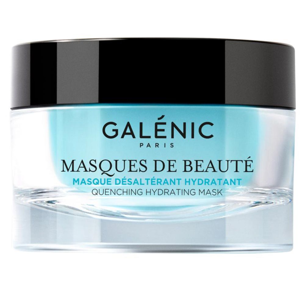 Glazen pot met blauwe inhoud en zwarte deksel. Opschrift: GALÉNIC PARIS, MASQUES DE BEAUTÉ, MASQUE DÉSALTÉRANT HYDRATANT.