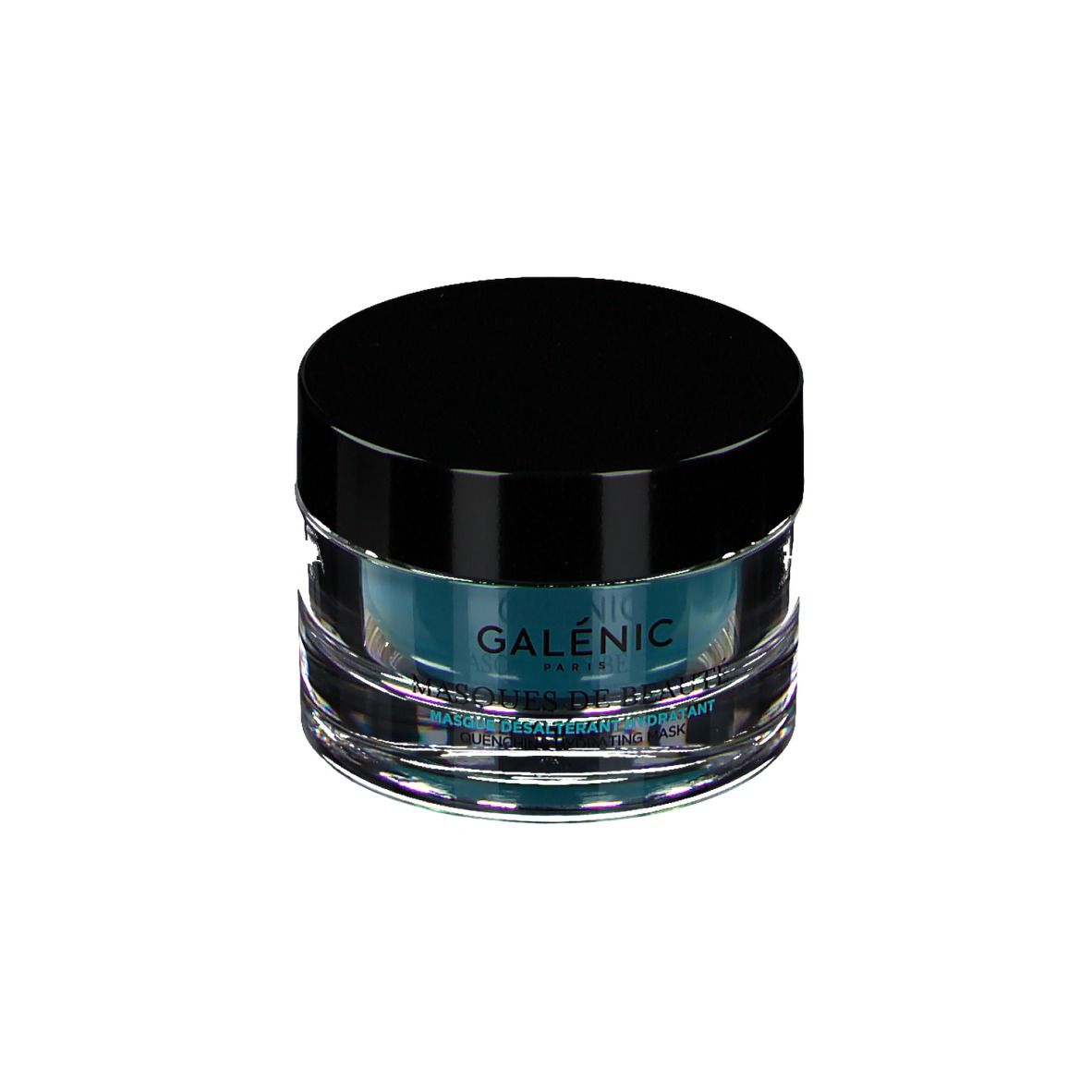 Ronde glazen pot met zwarte deksel. Bevat blauw product. Opschrift: GALÉNIC PARIS, MASQUES DE BEAUTÉ.