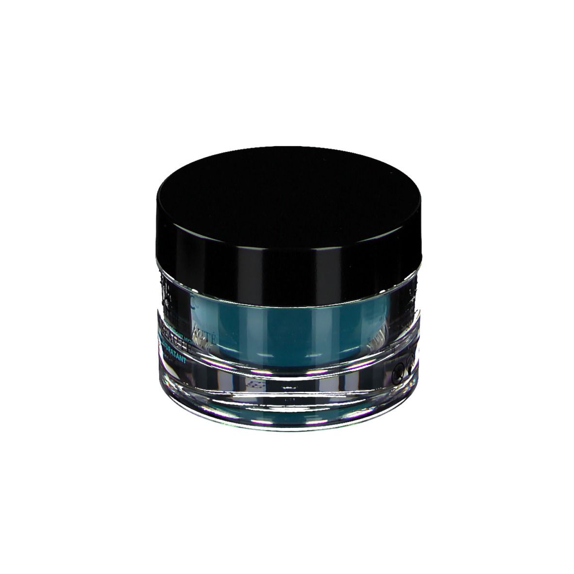 Ronde glazen pot met zwarte deksel. Bevat blauw product. Opschrift: GALÉNIC PARIS, MASQUES DE BEAUTÉ.