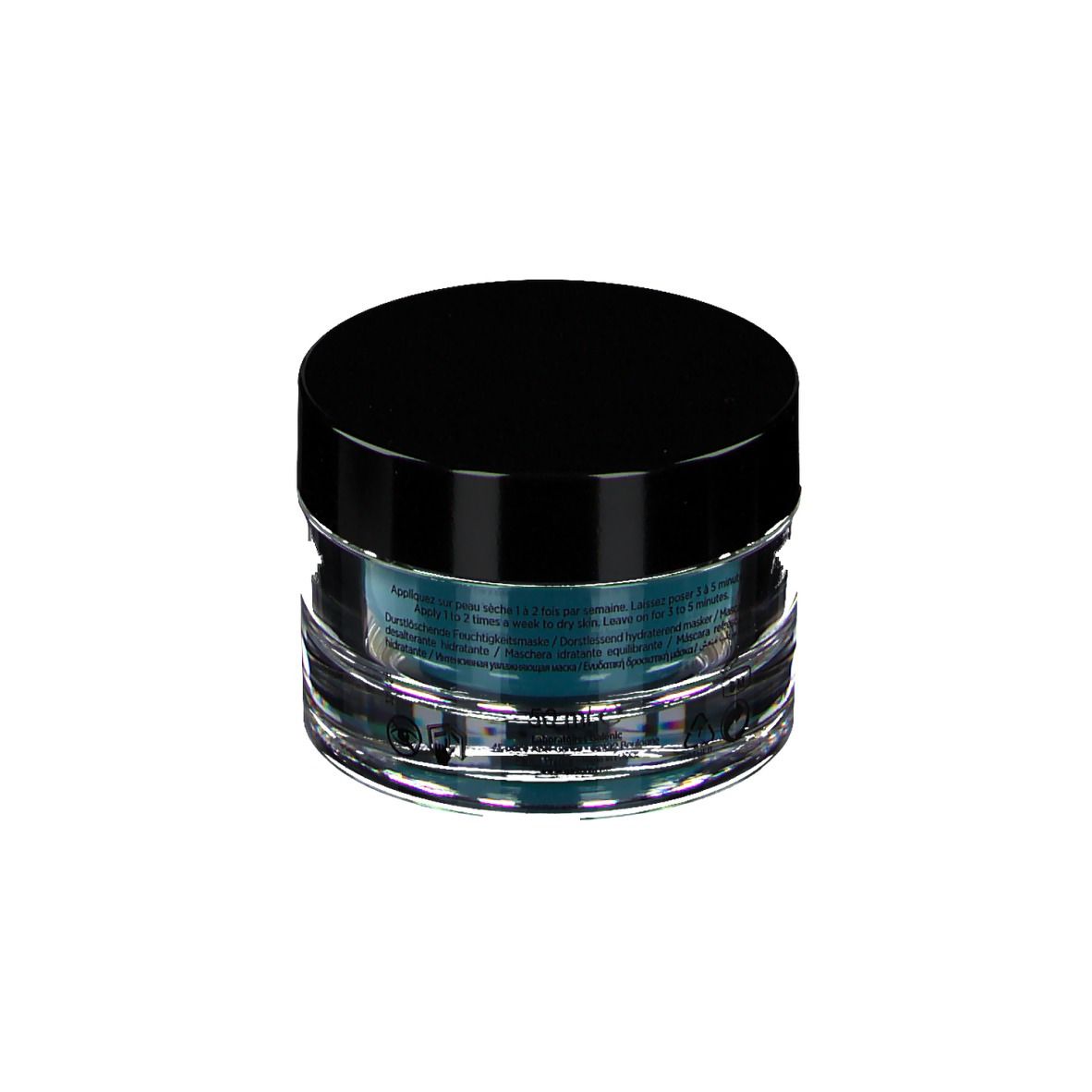 Ronde glazen pot met zwarte deksel. Bevat blauw product. Opschrift: GALÉNIC PARIS, MASQUES DE BEAUTÉ.