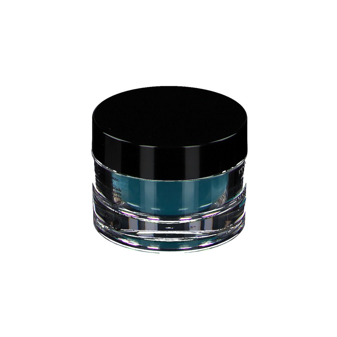 Ronde glazen pot met zwarte deksel. Bevat blauw product. Opschrift: GALÉNIC PARIS, MASQUES DE BEAUTÉ.
