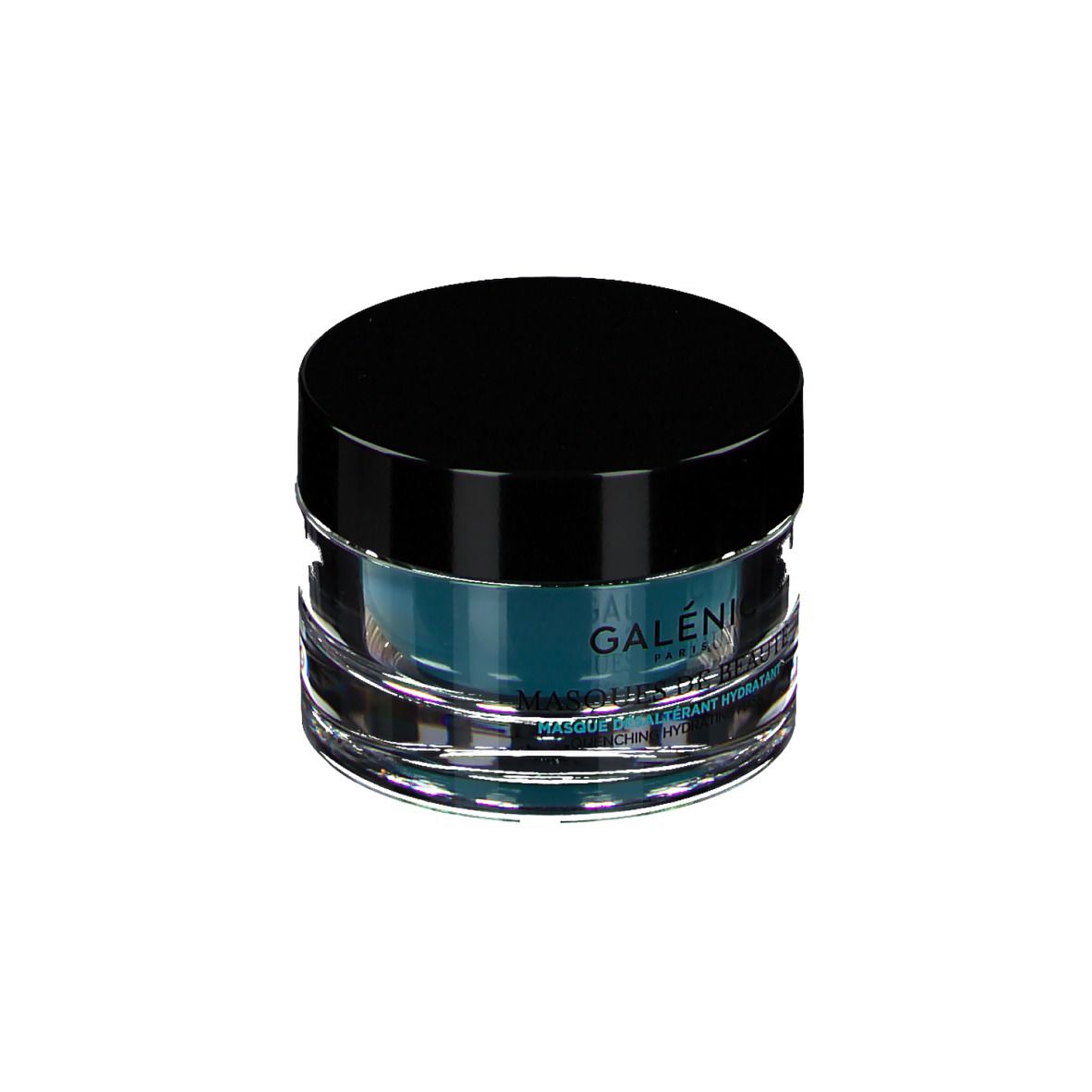 Ronde glazen pot met zwarte deksel. Bevat blauw product. Opschrift: GALÉNIC PARIS, MASQUES DE BEAUTÉ.