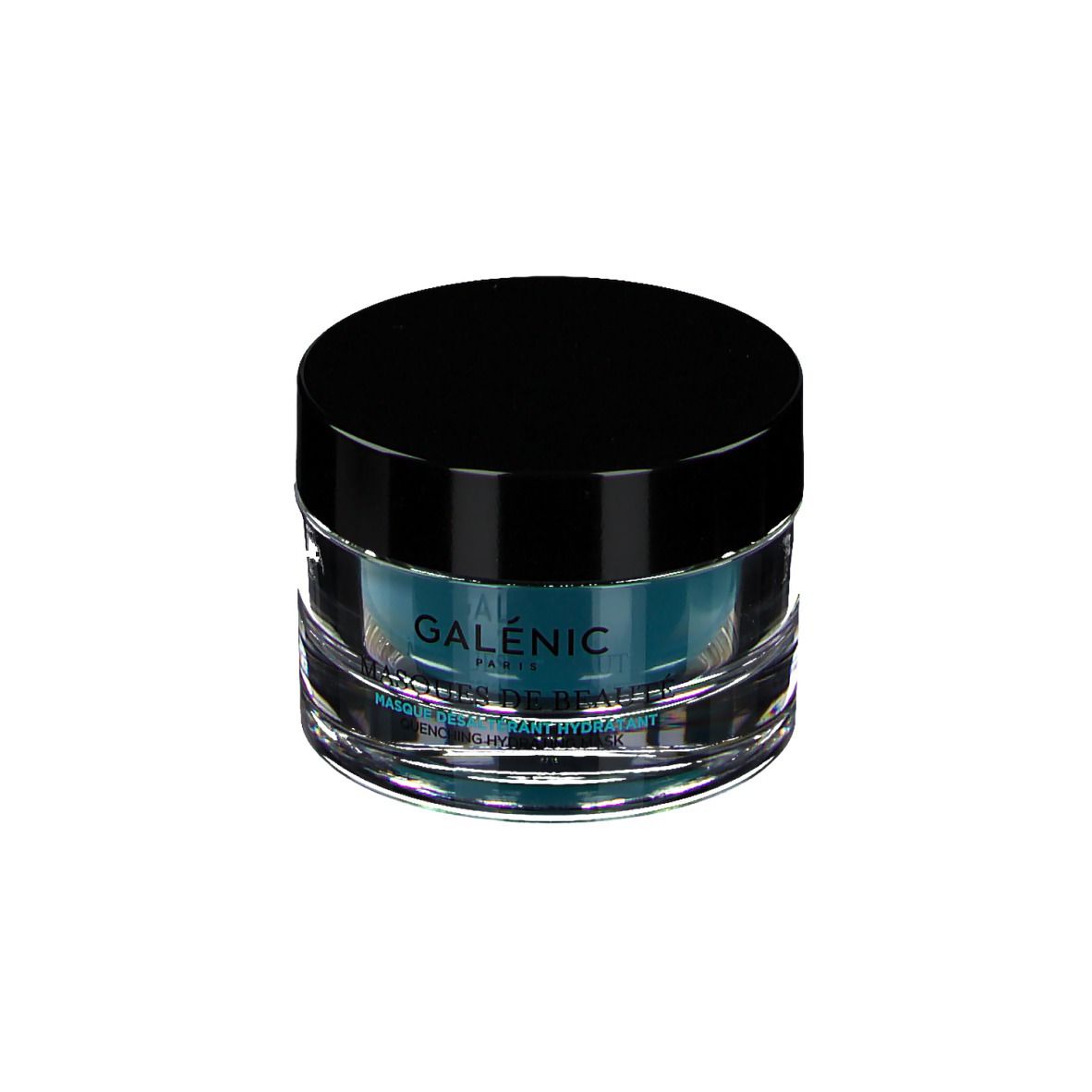 Ronde glazen pot met zwarte deksel. Bevat blauw product. Opschrift: GALÉNIC PARIS, MASQUES DE BEAUTÉ.