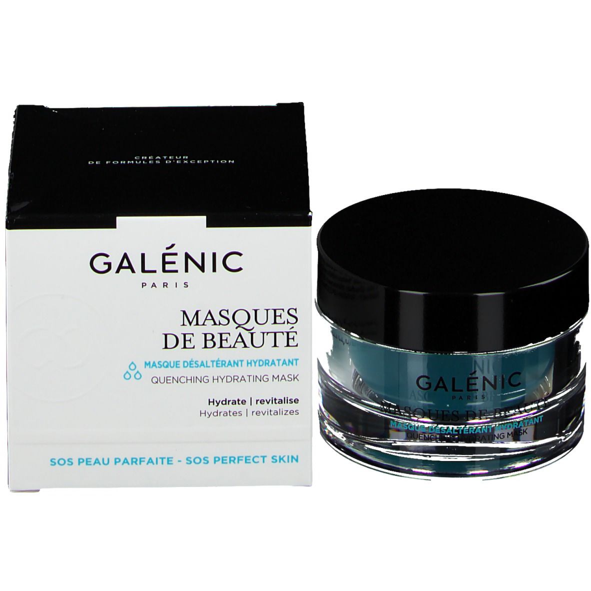 Productverpakking en pot. Verpakking met opschrift: GALÉNIC PARIS, MASQUES DE BEAUTÉ. Pot met zwarte deksel.