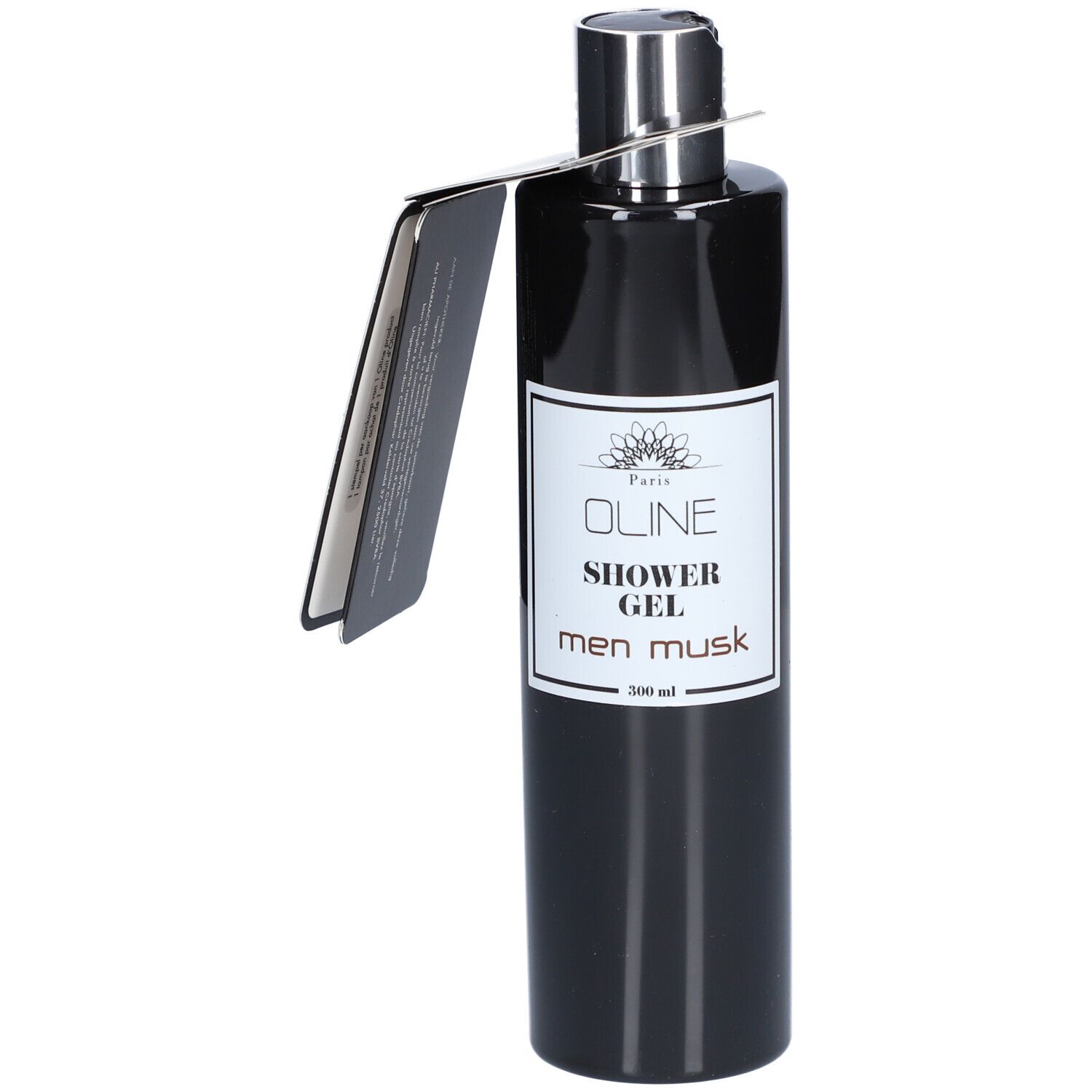 Zwarte fles met zilveren dop en etiket. Tekst: Oline, Shower Gel, men musk. Label.
