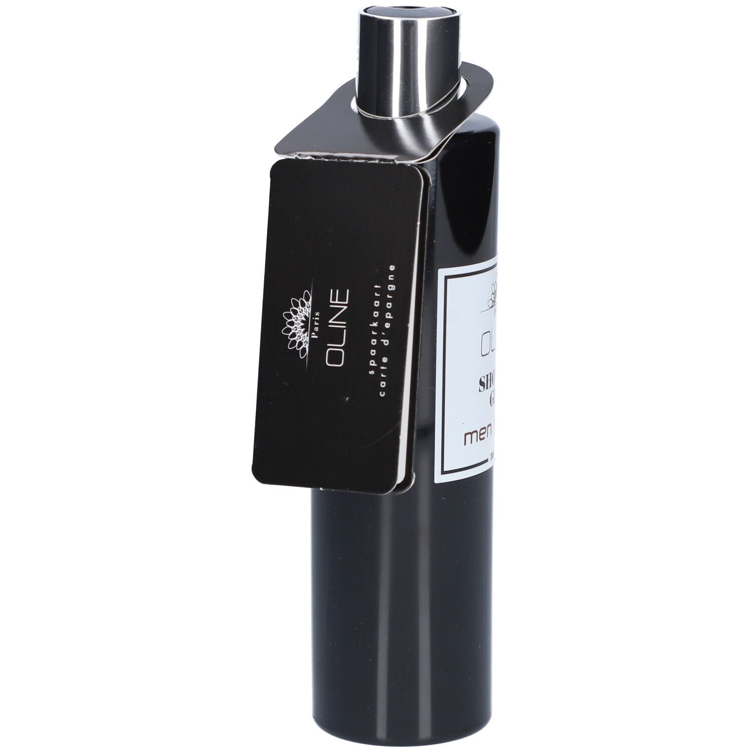 Zwarte fles met zilveren dop en etiket. Tekst: Oline, Shower Gel, men musk. Label.