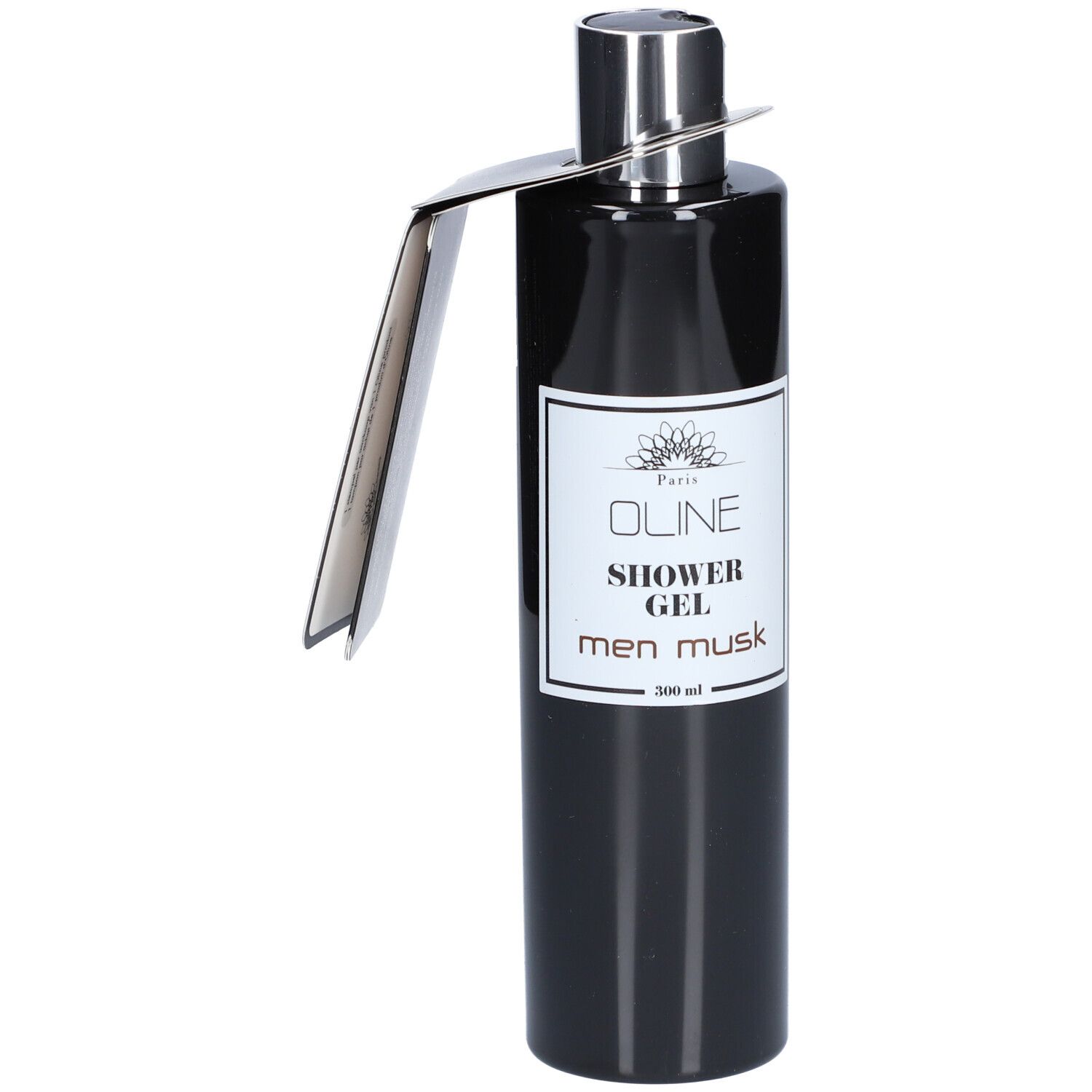 Zwarte fles met zilveren dop en etiket. Tekst: Oline, Shower Gel, men musk. Label.