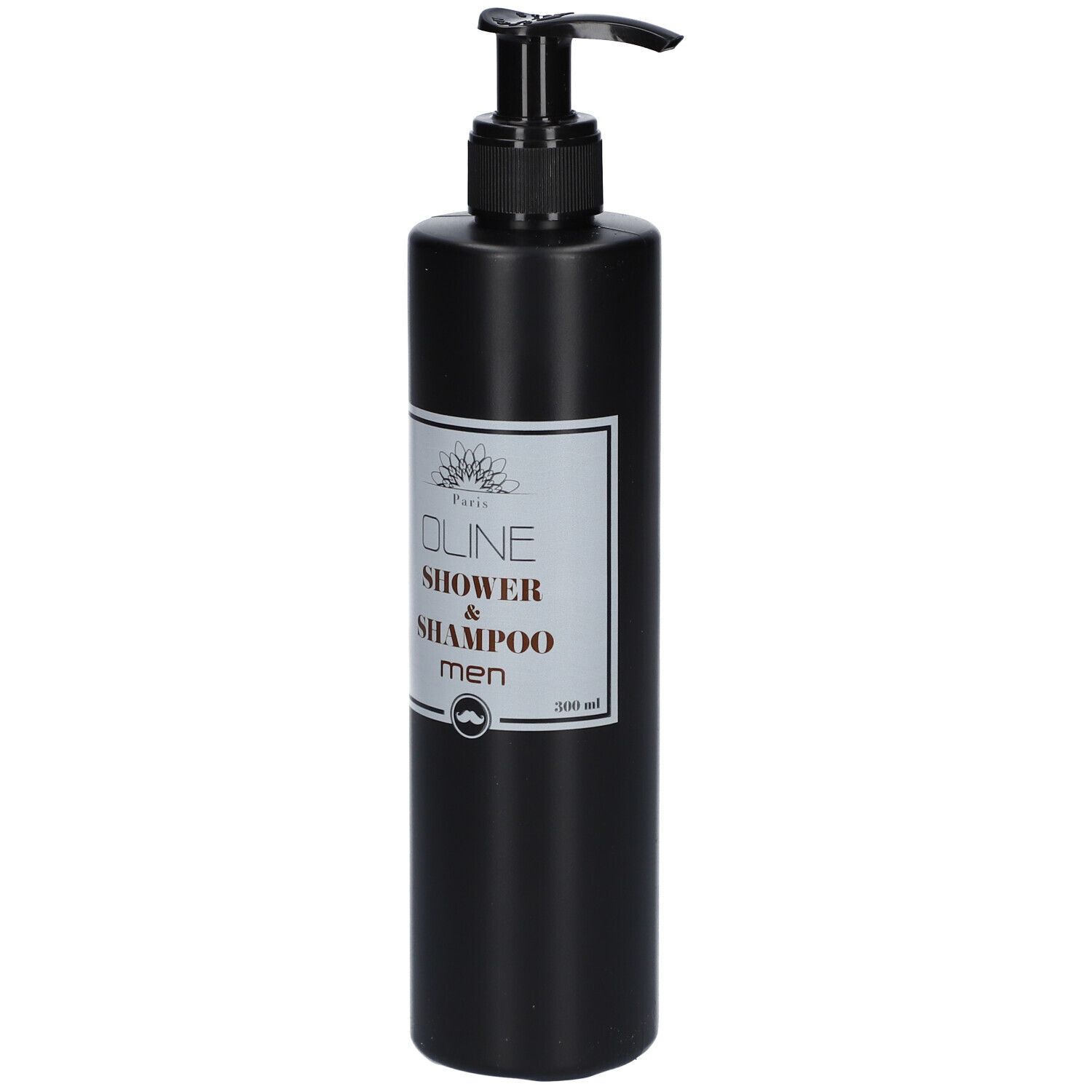 Zwarte fles met zwarte pomp. Etiket met tekst: Oline, Shower & Shampoo, men. Baardsymbool.