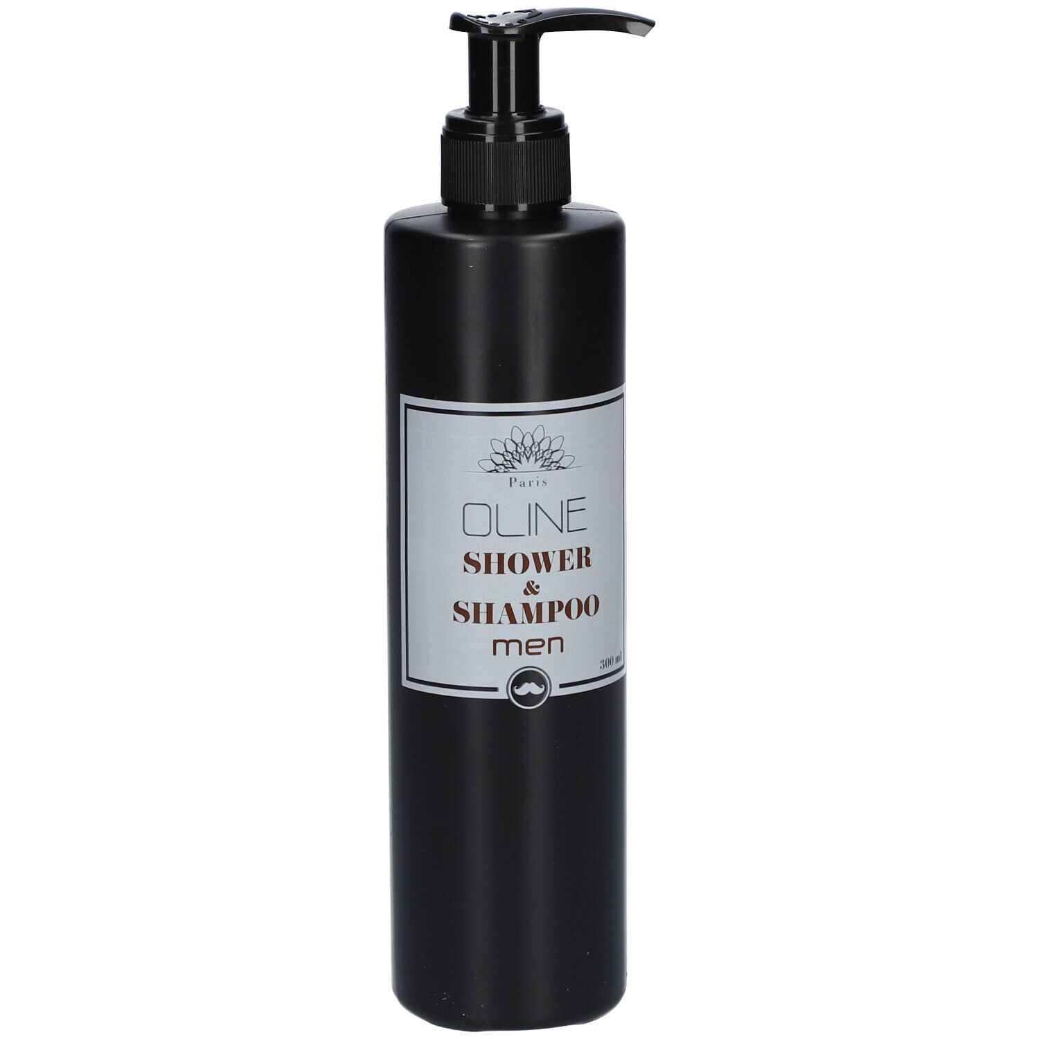 Zwarte fles met zwarte pomp. Etiket met tekst: Oline, Shower & Shampoo, men. Baardsymbool.