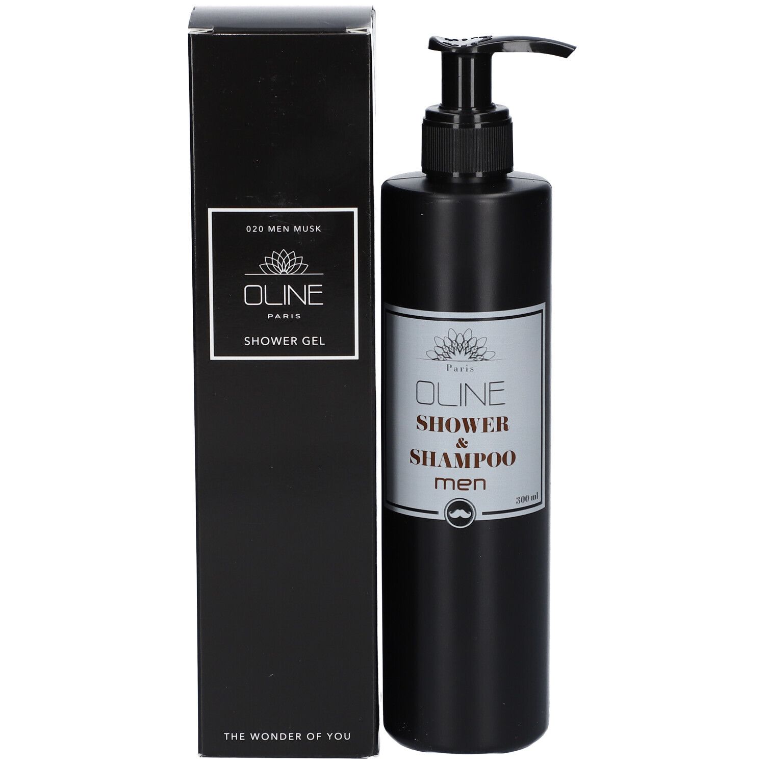 Zwarte fles met zwarte pomp en doos. Tekst: Oline, Shower Gel, men. Baardsymbool. Doos.