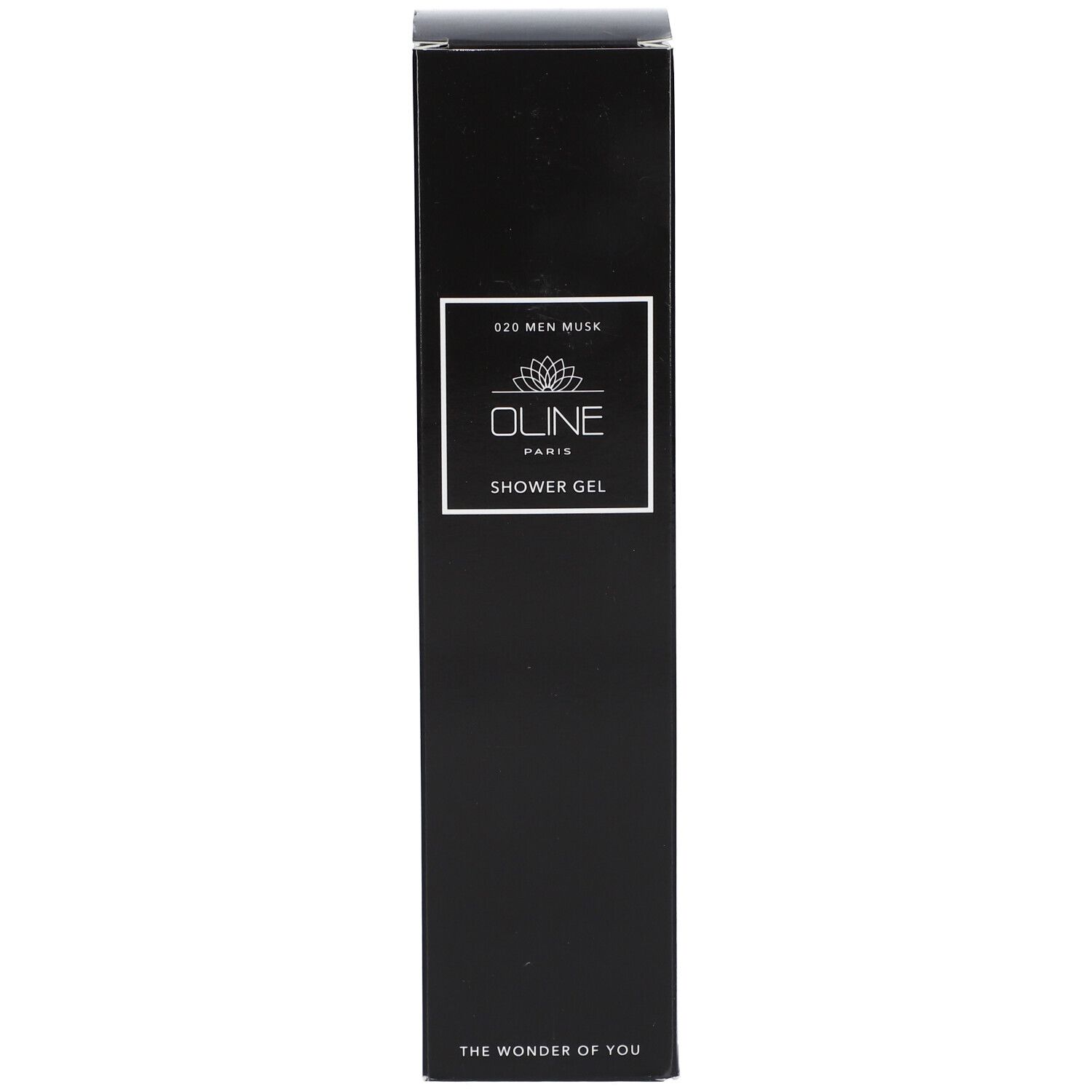 Zwarte rechthoekige doos. Tekst: Oline, Shower Gel, 020 Men Musk. The Wonder of You.