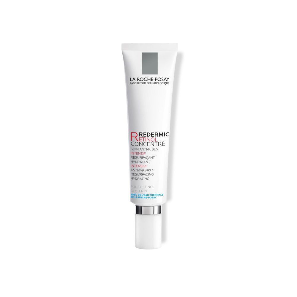 Crèmetube van La Roche-Posay Redermic Retinol. Wit, rode en zwarte tekst. Met doseeropening.