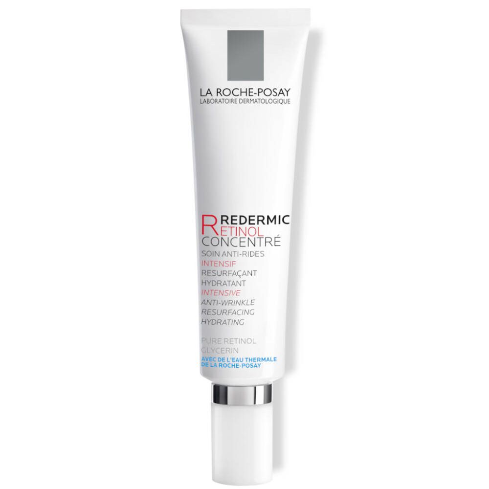 Crèmetube van La Roche-Posay Redermic Retinol. Wit, rode en zwarte tekst. Met doseeropening.