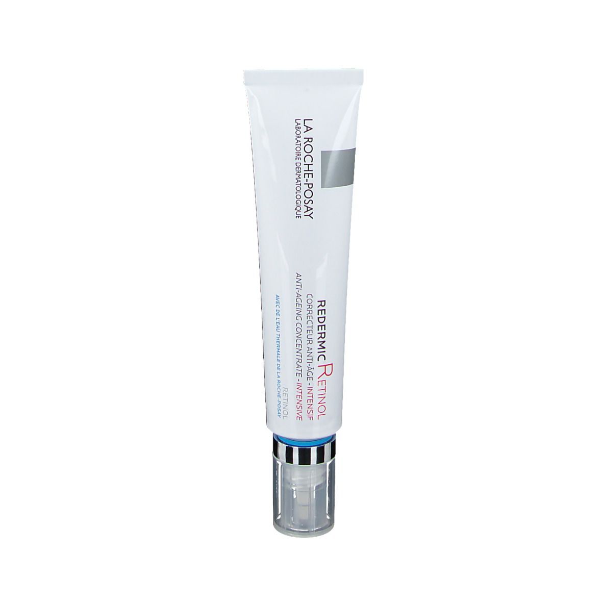 Crèmetube van La Roche-Posay Redermic Retinol. Wit, rode en zwarte tekst. Met doseeropening.