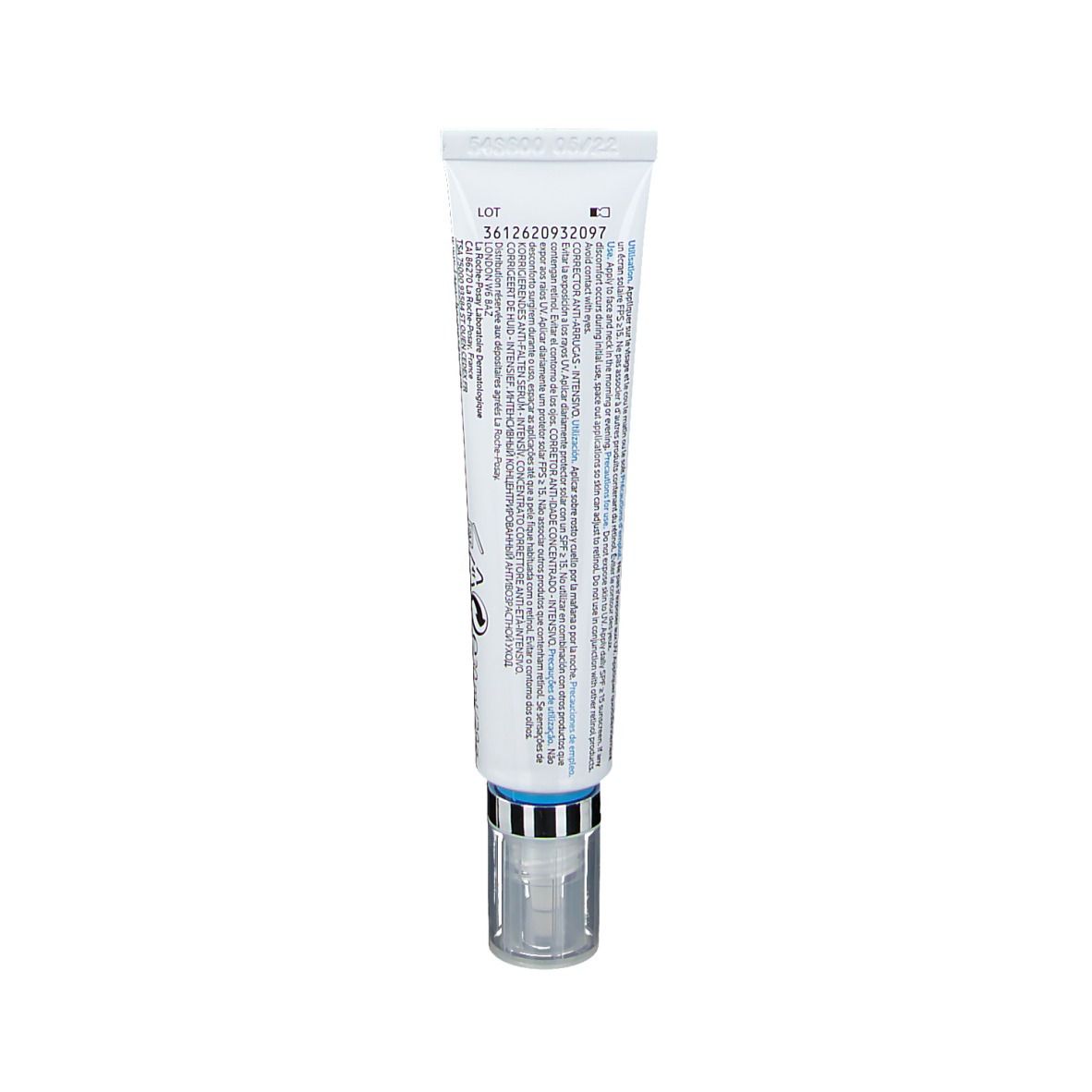 Witte crèmetube van La Roche-Posay Redermic Retinol. Achterkant met tekst. Met doseeropening.
