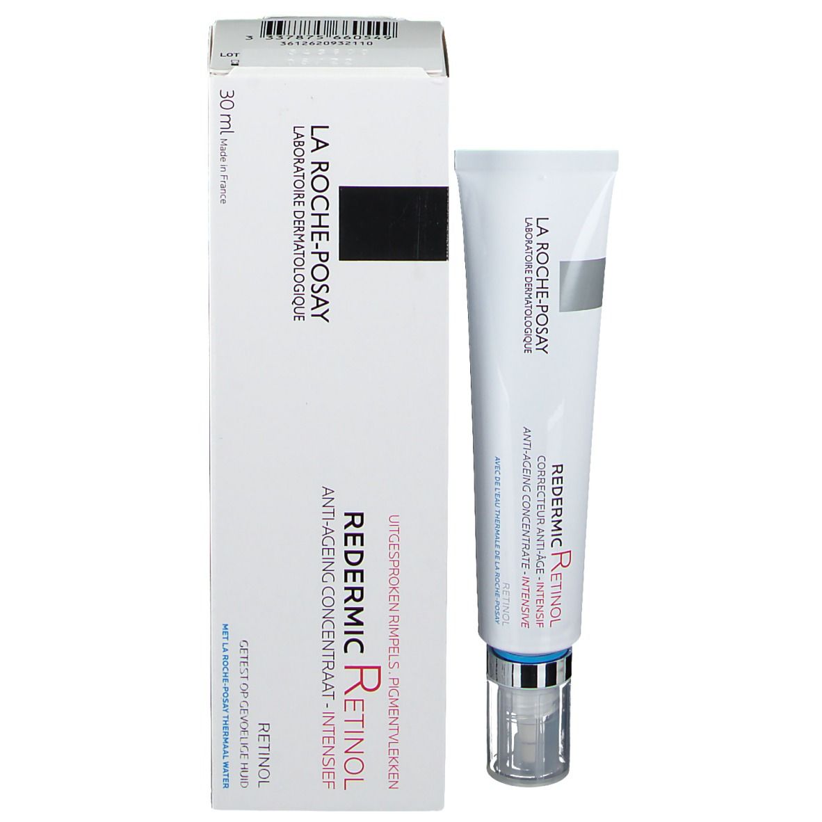La Roche-Posay Redermic Retinol crèmetube en doos. Wit, rode en zwarte tekst. 30 ml.
