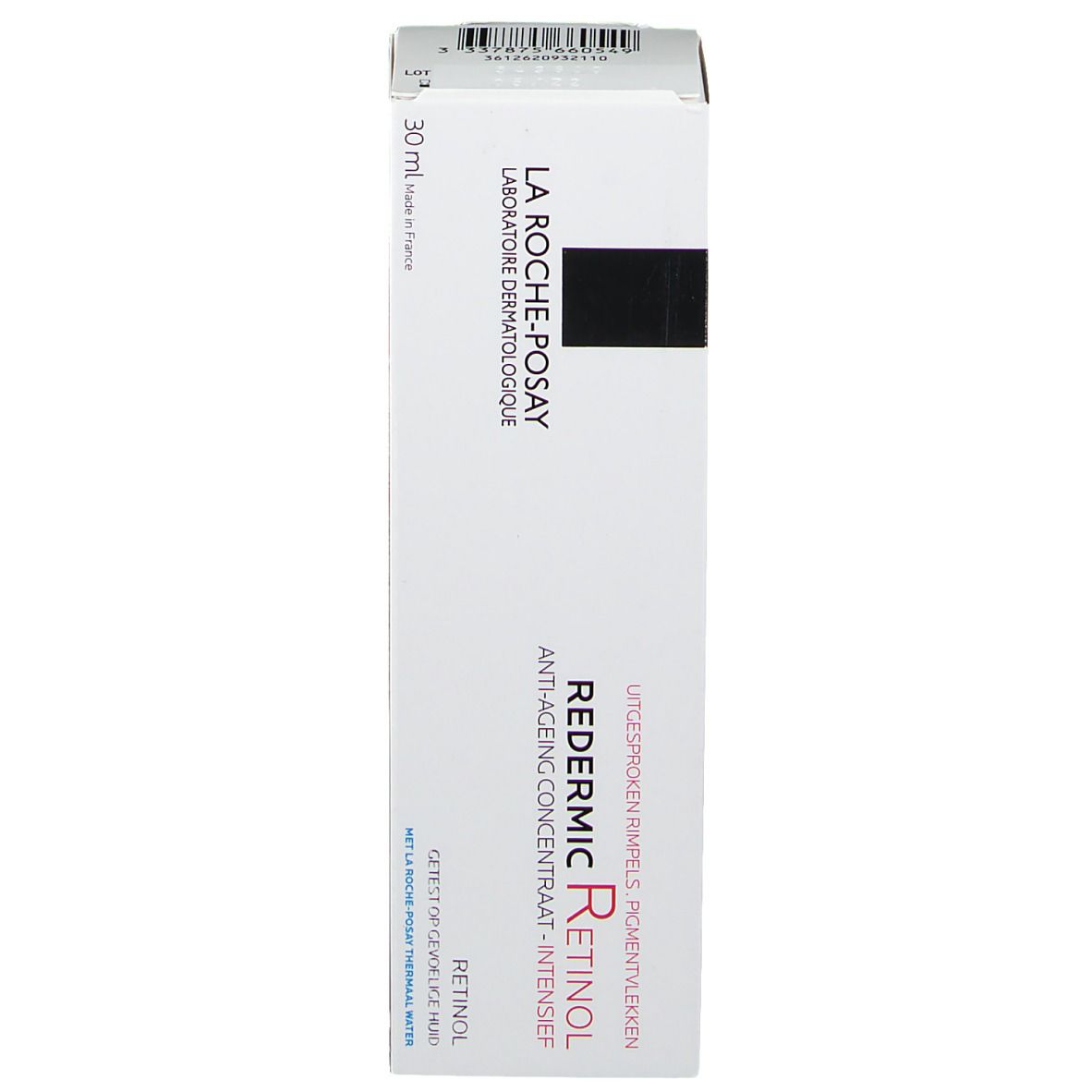 Witte doos van La Roche-Posay Redermic Retinol. Rode en zwarte tekst. 30 ml.