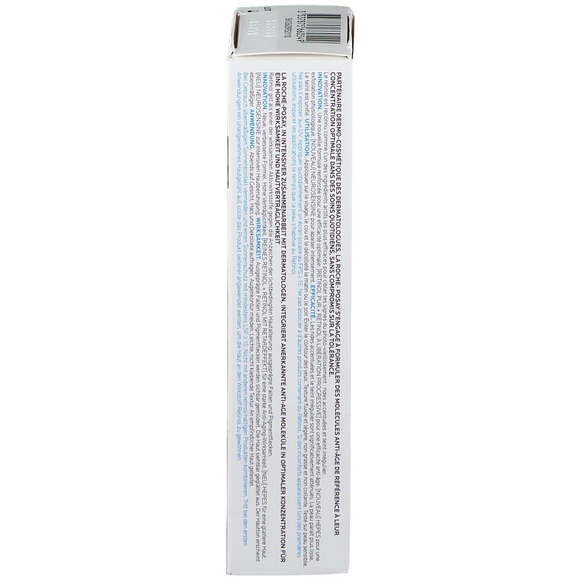 Witte doos van La Roche-Posay Redermic Retinol. Achterkant met tekst. 30 ml.