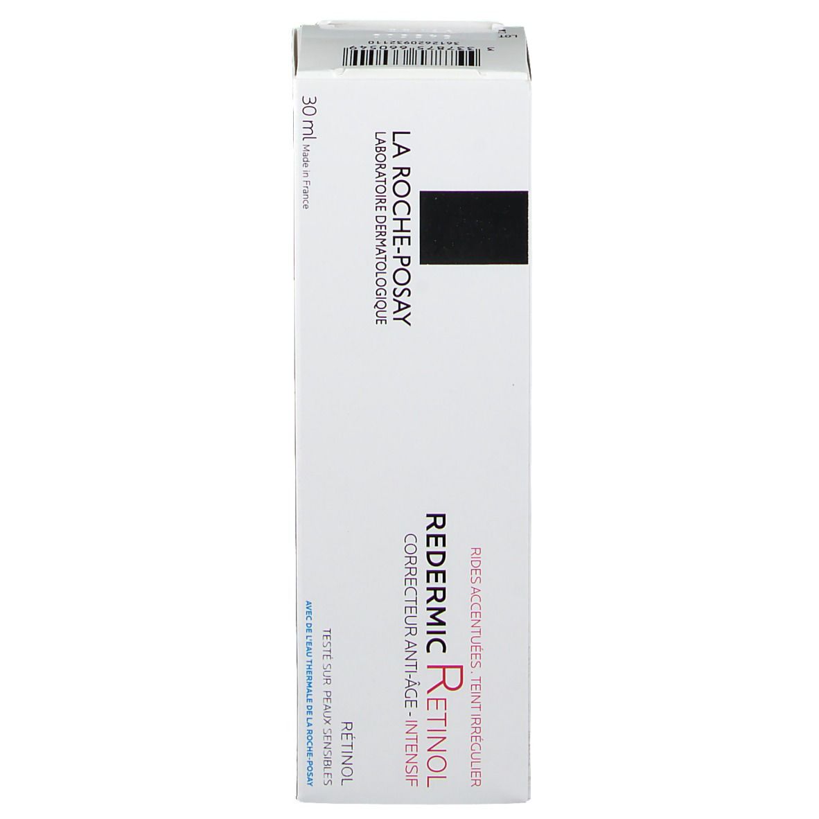 Witte doos van La Roche-Posay Redermic Retinol. Zijkant met tekst. 30 ml.
