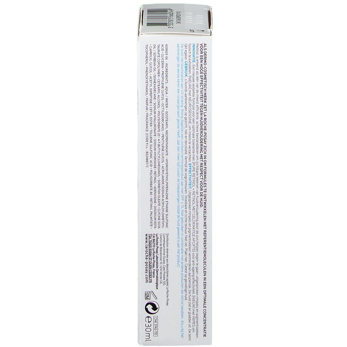 Witte doos van La Roche-Posay Redermic Retinol. Zijkant met tekst. 30 ml.