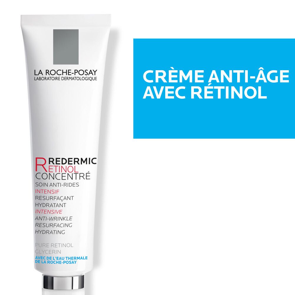 Bloc de texte bleu : Crème anti-âge avec rétinol. Tube de crème La Roche-Posay Redermic Retinol.