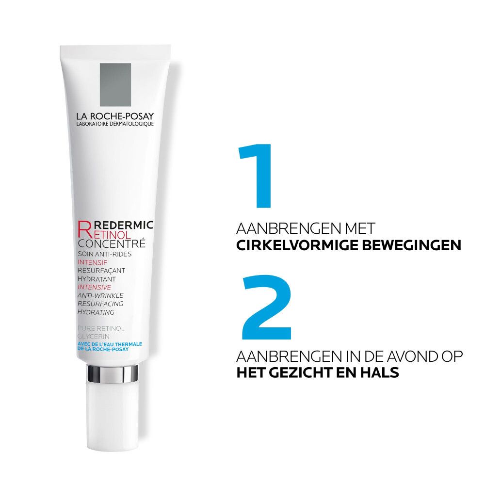 Crèmetube van La Roche-Posay Redermic Retinol. Tekst: -24% Voorhoofdrimpels na 8 weken, -22% Kraaienpoten rimpels na 8 weken.
