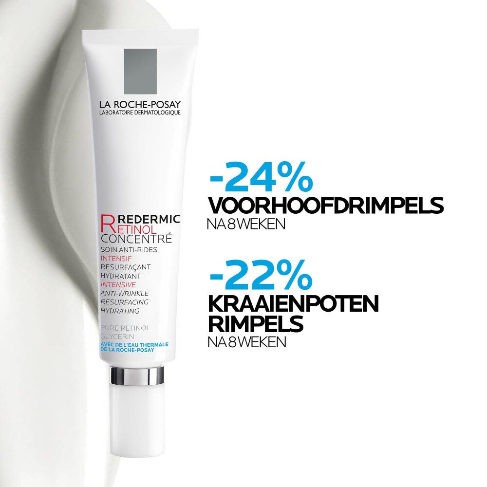 Blauw tekstblok: Anti-Aging Crème met Retinol. Crèmetube van La Roche-Posay Redermic Retinol.