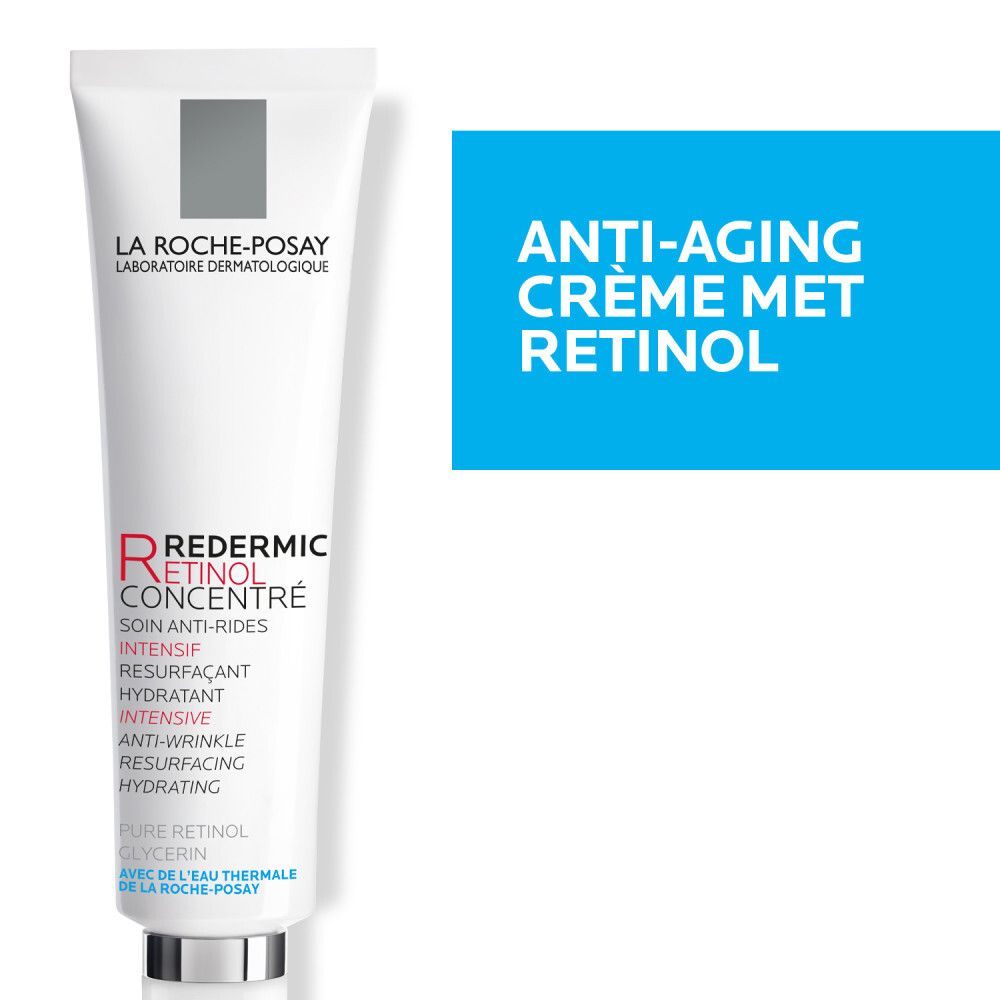 Crèmetube van La Roche-Posay Redermic Retinol. Tekst: Dermatoloog aanbevolen huidverzorgingsmerk wereldwijd.