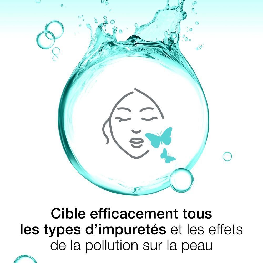 Graphique: visage avec bulle d'eau, texte: Cible efficacement tous les types d'impuretés.