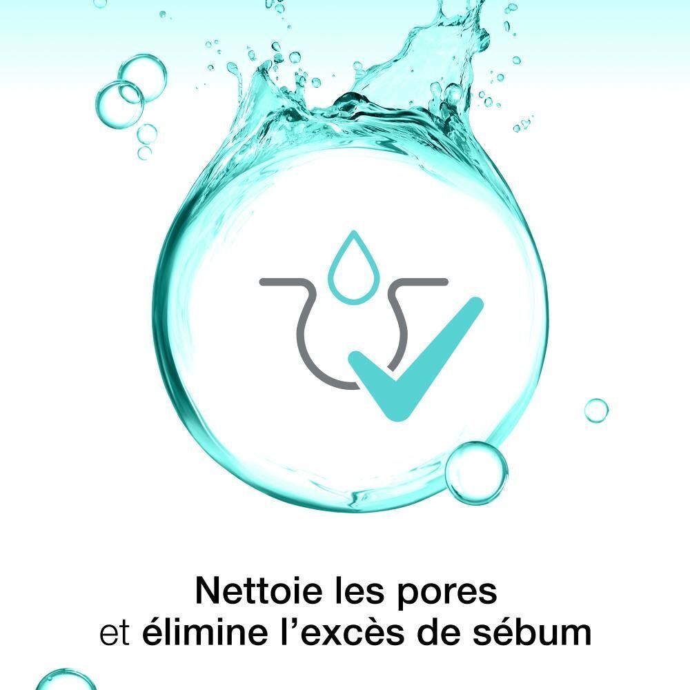 Graphique: visage avec bulle d'eau, texte: Nettoie les pores et élimine l'excès de sébum.