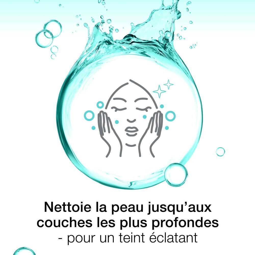 Graphique: visage avec bulle d'eau, texte: Nettoie la peau jusqu'aux couches les plus profondes.
