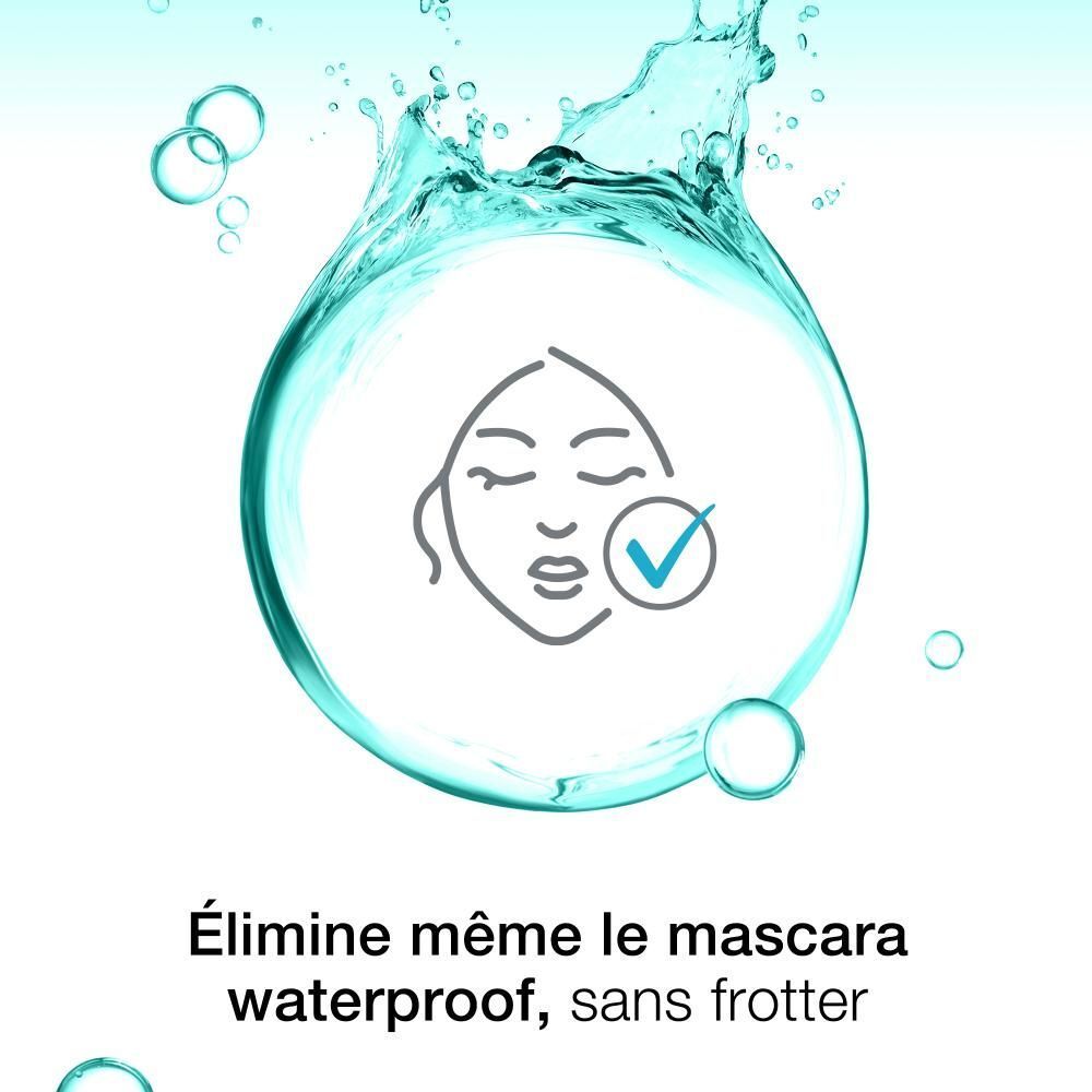 Graphique: visage avec bulle d'eau, texte: Élimine même le mascara waterproof, sans frotter.