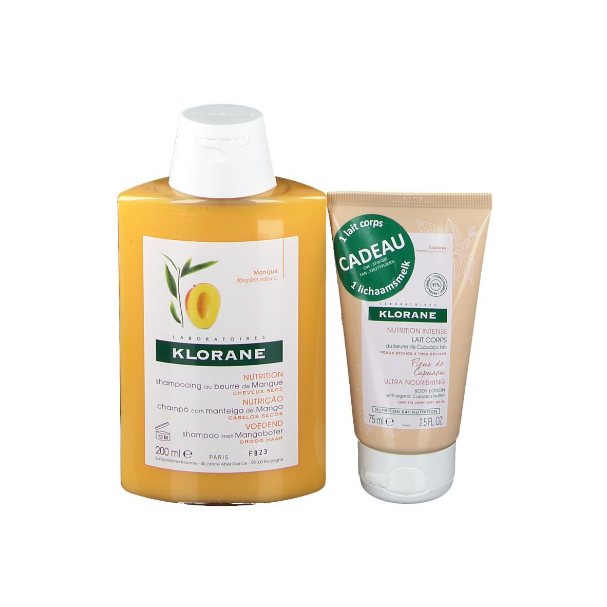 Shampooing jaune et tube de lotion pour le corps. Inscription: KLORANE, Mangue, Nutrition. Lotion: Cadeau, 25ml.